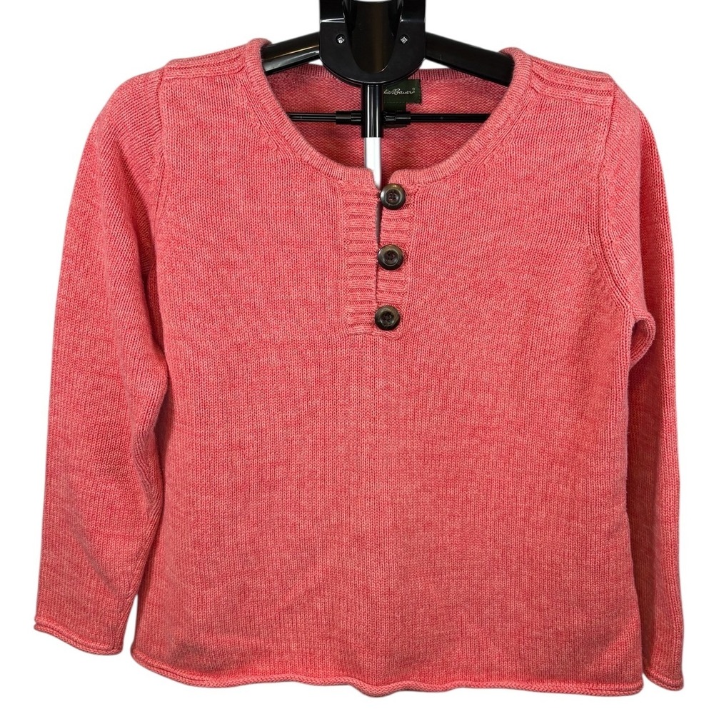 Eddie Bauer Womens Coral Pink Cotton Knit Henley Sweater Long Sleeve Size L